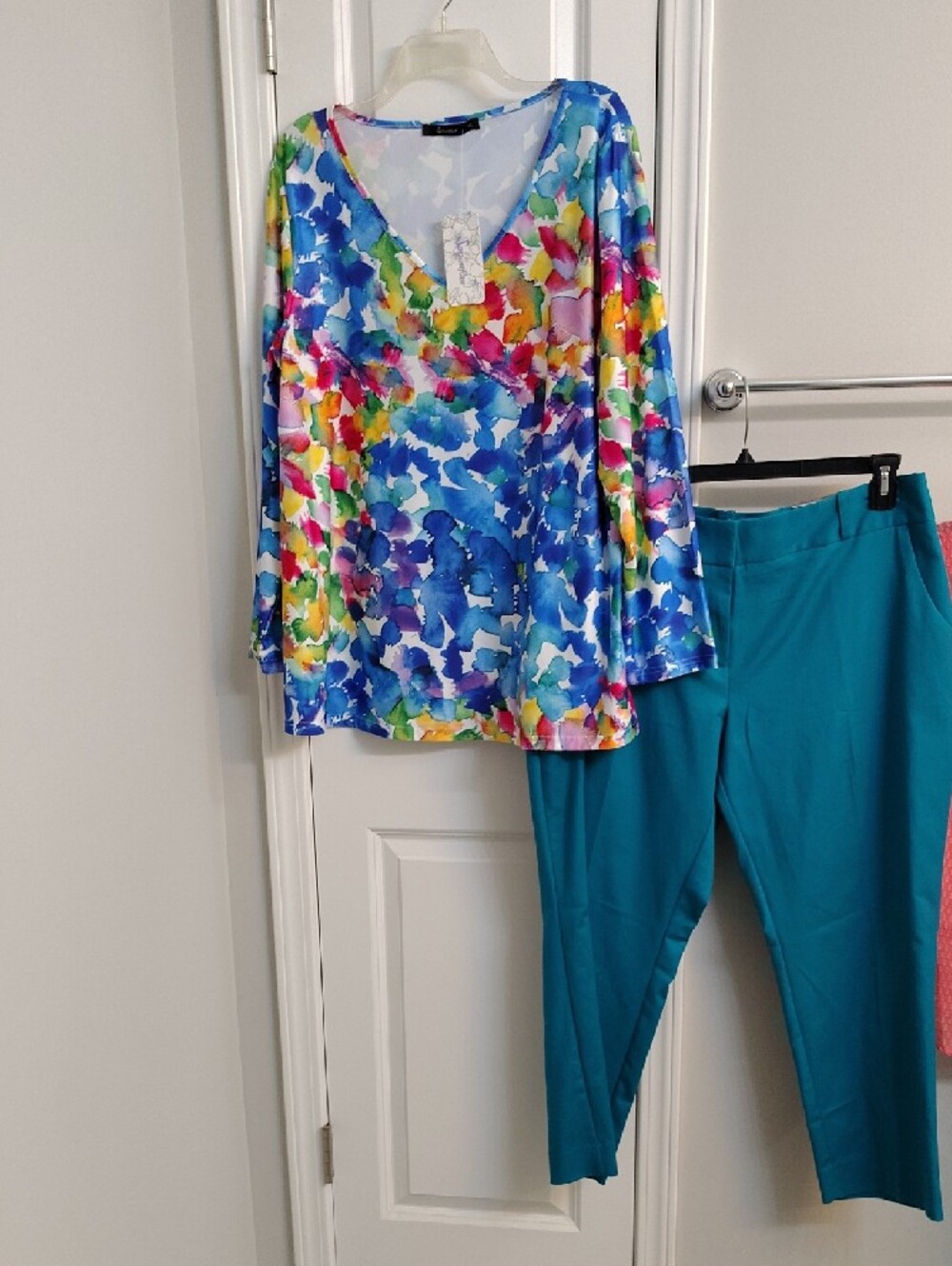 Sakurafiua V-Neck 3/4 Sleeve Floral Watercolor Tunic - Blue Pink Yellow Green - Picture 8 of 8